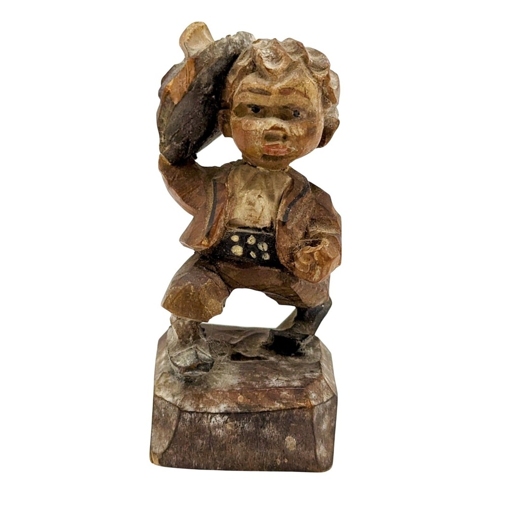 Vintage Anri Style Boy with Hat Figurine Hand Carved Wood Folk Art Sculpture